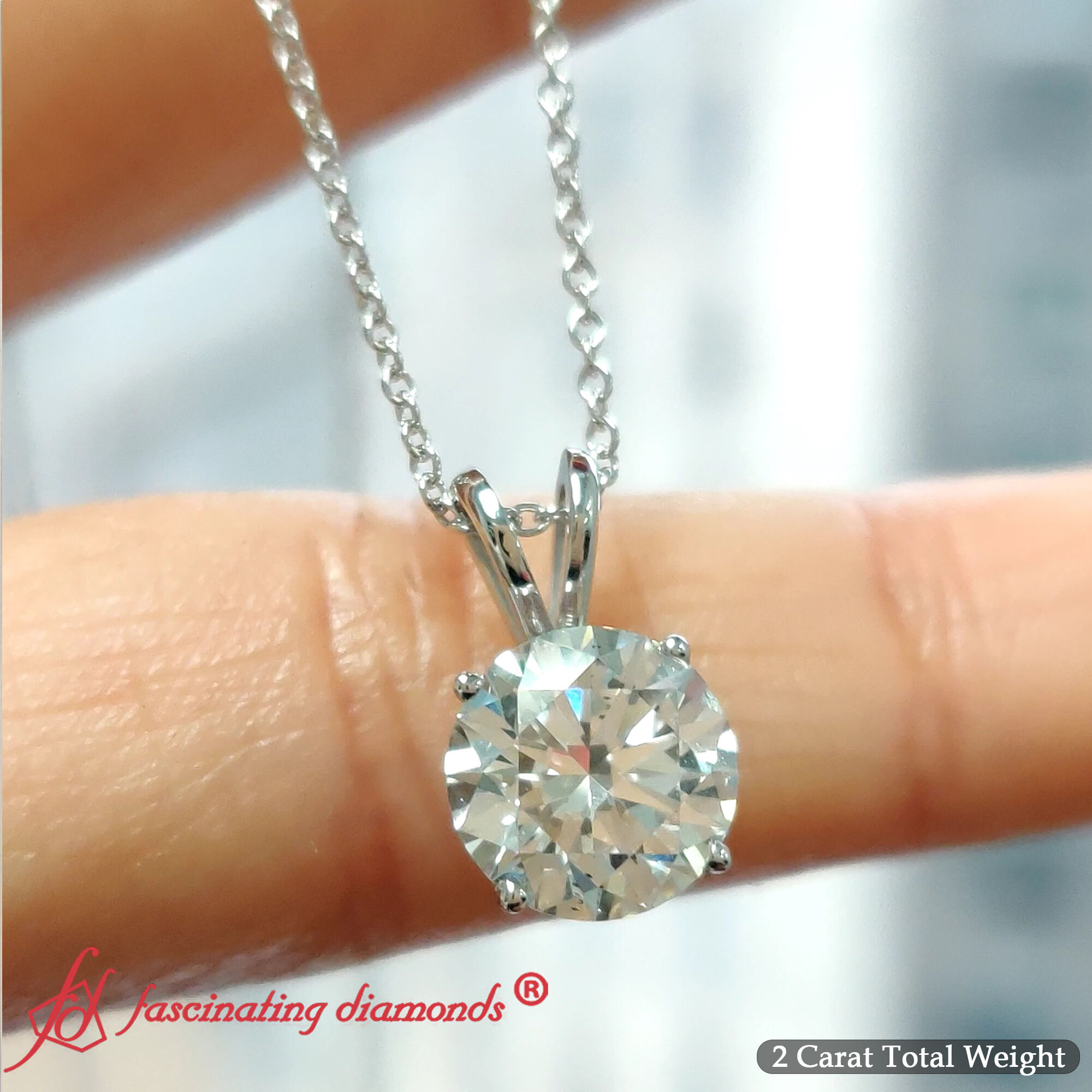 2 Carat Round 4 Prong Solitaire Diamond Pendant with 14K White Gold White Diamond