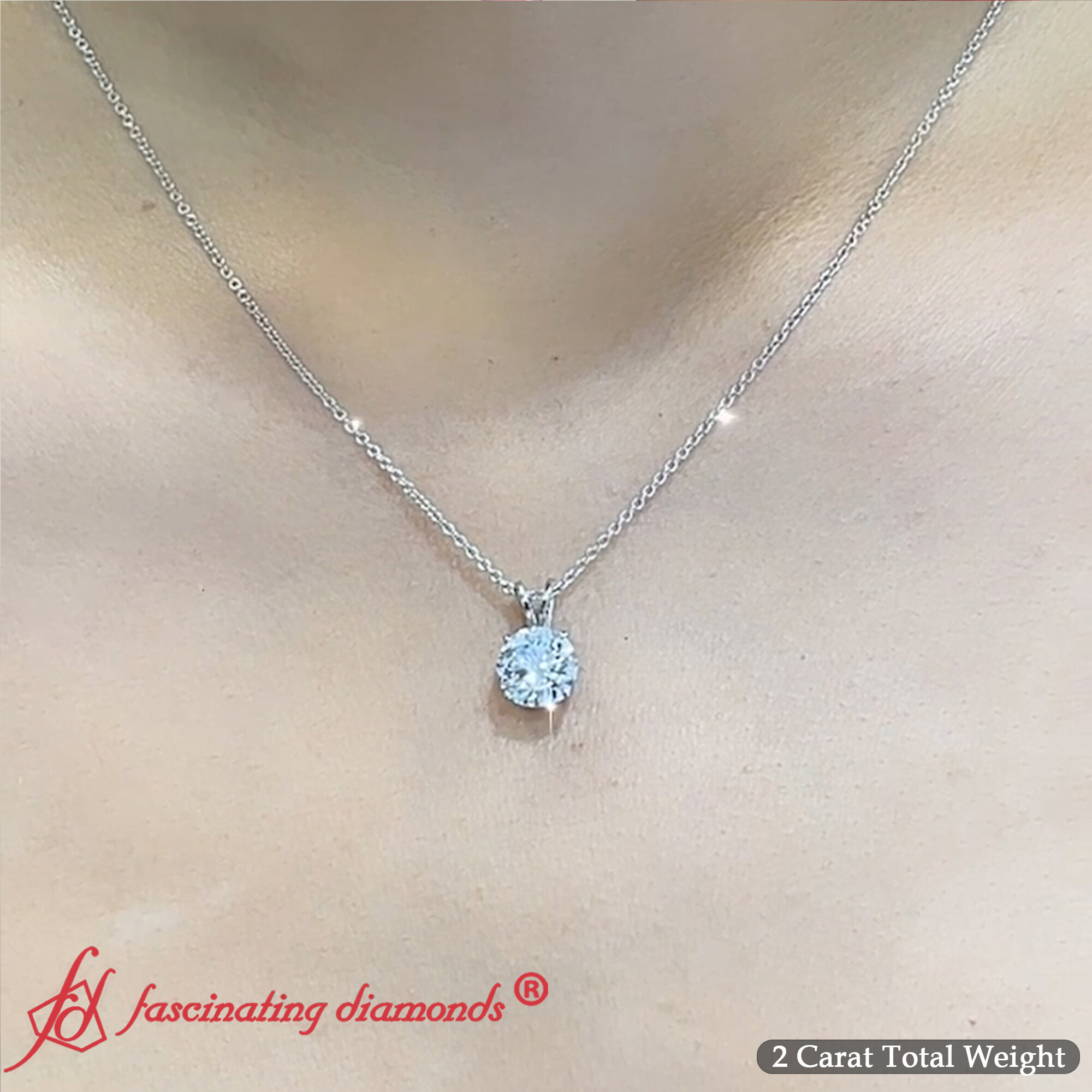 2 Carat Round 4 Prong Solitaire Diamond Pendant with 14K White Gold White Diamond