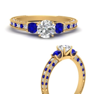 round-cut-three-stone-milgrain-diamond-engagement-ring-with-sapphire-in-FD9730RORGSABLANGLE3-NL-YG