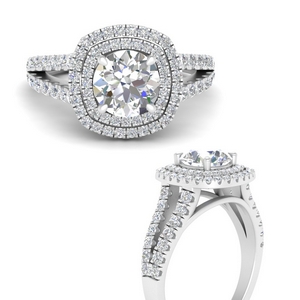 Round Double Halo Split diamond Engagement Ring In 14K White Gold ...
