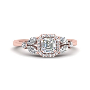 Marquise And Asscher Diamond Halo Engagement Ring In 14K Rose Gold ...