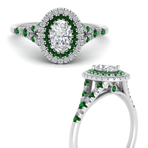 Split Oval Double Halo Ring With Emerald