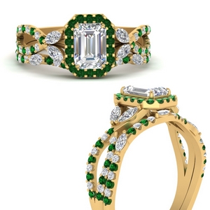 Split Vine Emerald Halo Diamond Wedding Set