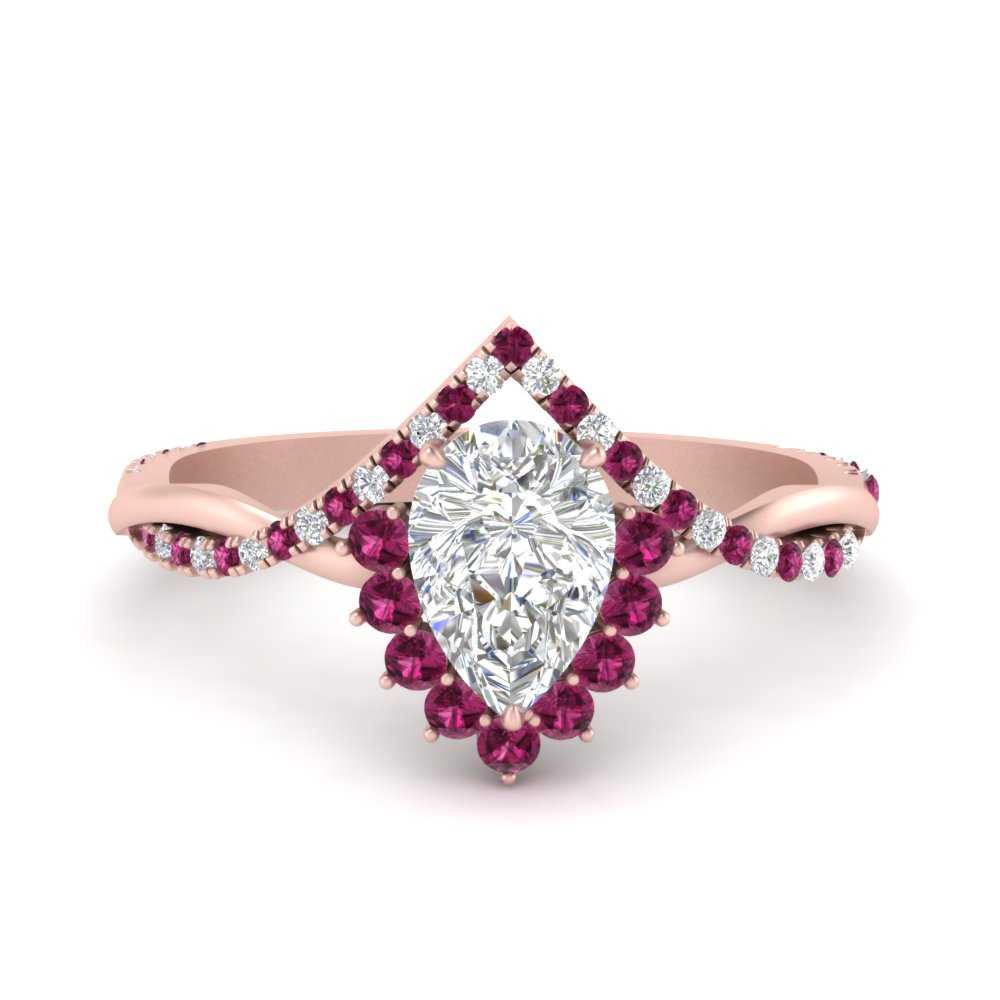 One Carat Pear Halo Diamond Ring with Pink Sapphire in 14K Rose Gold