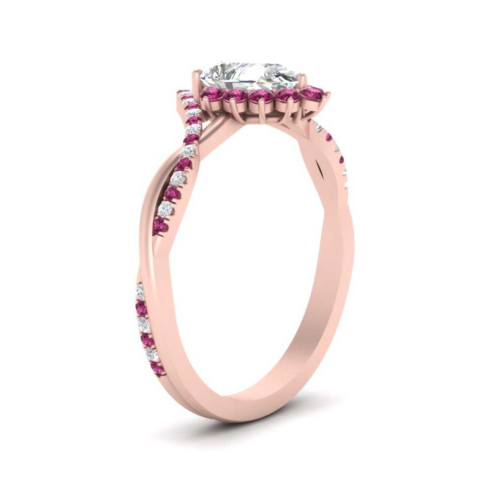 One Carat Pear Halo Diamond Ring with Pink Sapphire in 14K Rose Gold