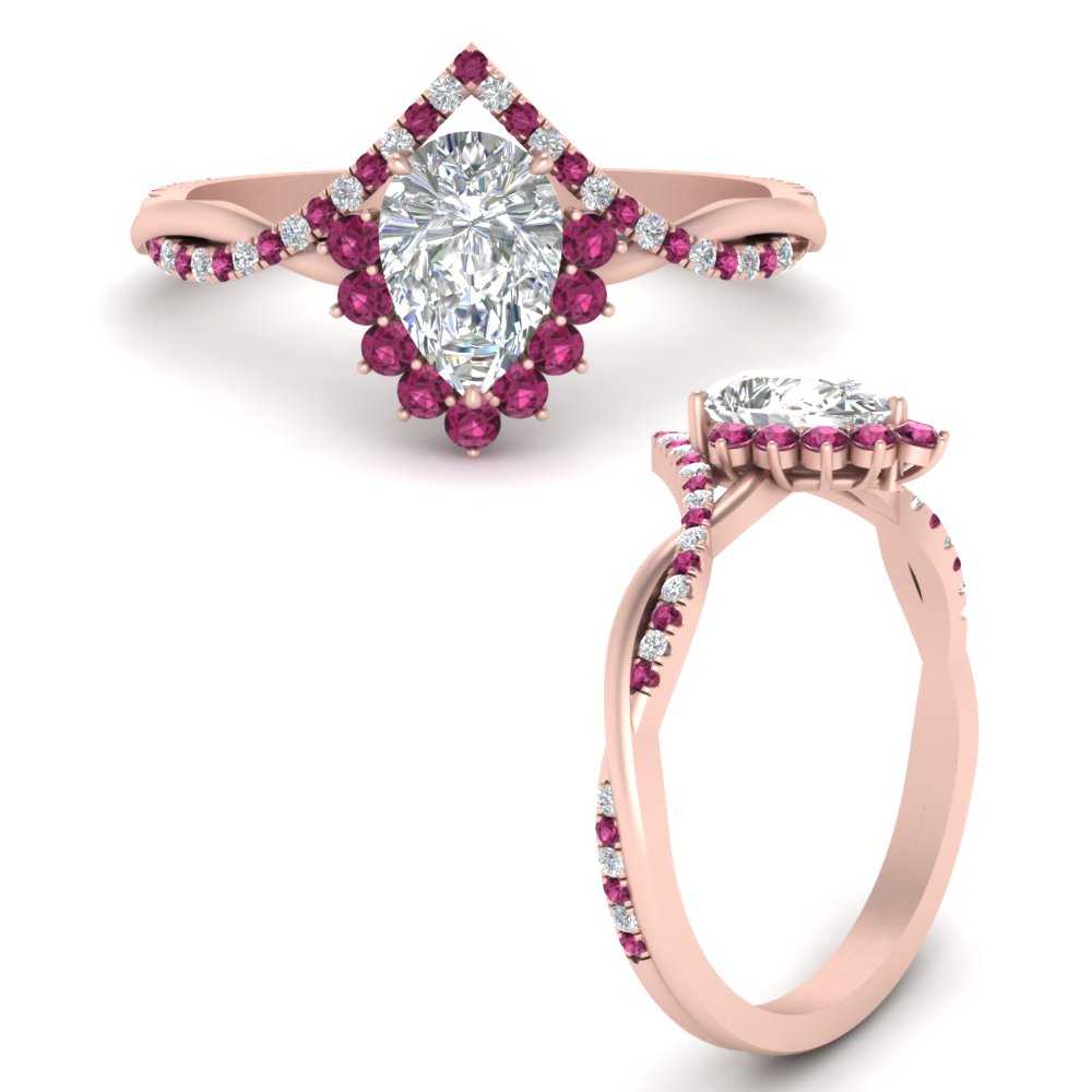 One Carat Pear Halo Diamond Ring with Pink Sapphire in 14K Rose Gold