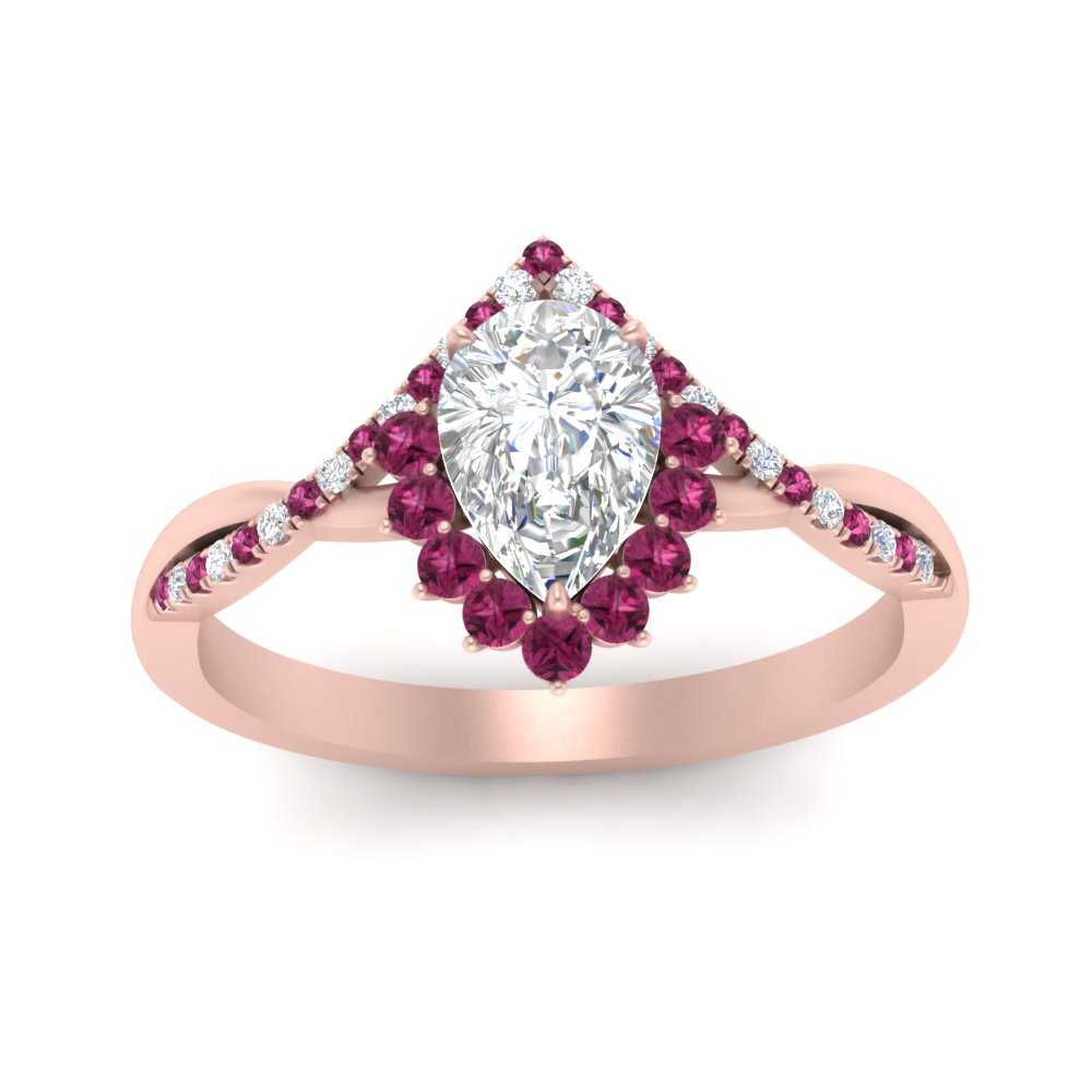 One Carat Pear Halo Diamond Ring with Pink Sapphire in 14K Rose Gold