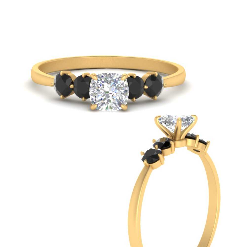Classic 5 Stone Cushion Cut Black Moissanite Diamond Engagement Ring In