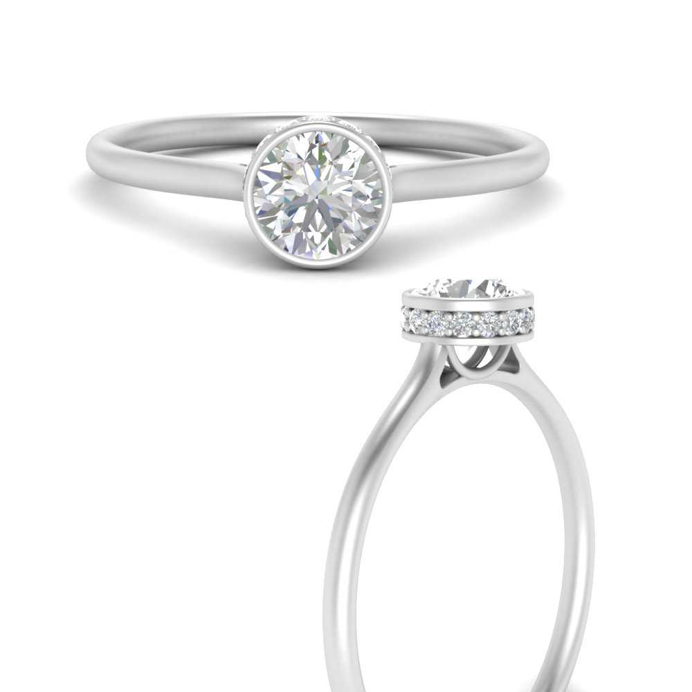 Round Pave Under Halo Bezel diamond Engagement Ring In 14K White Gold ...