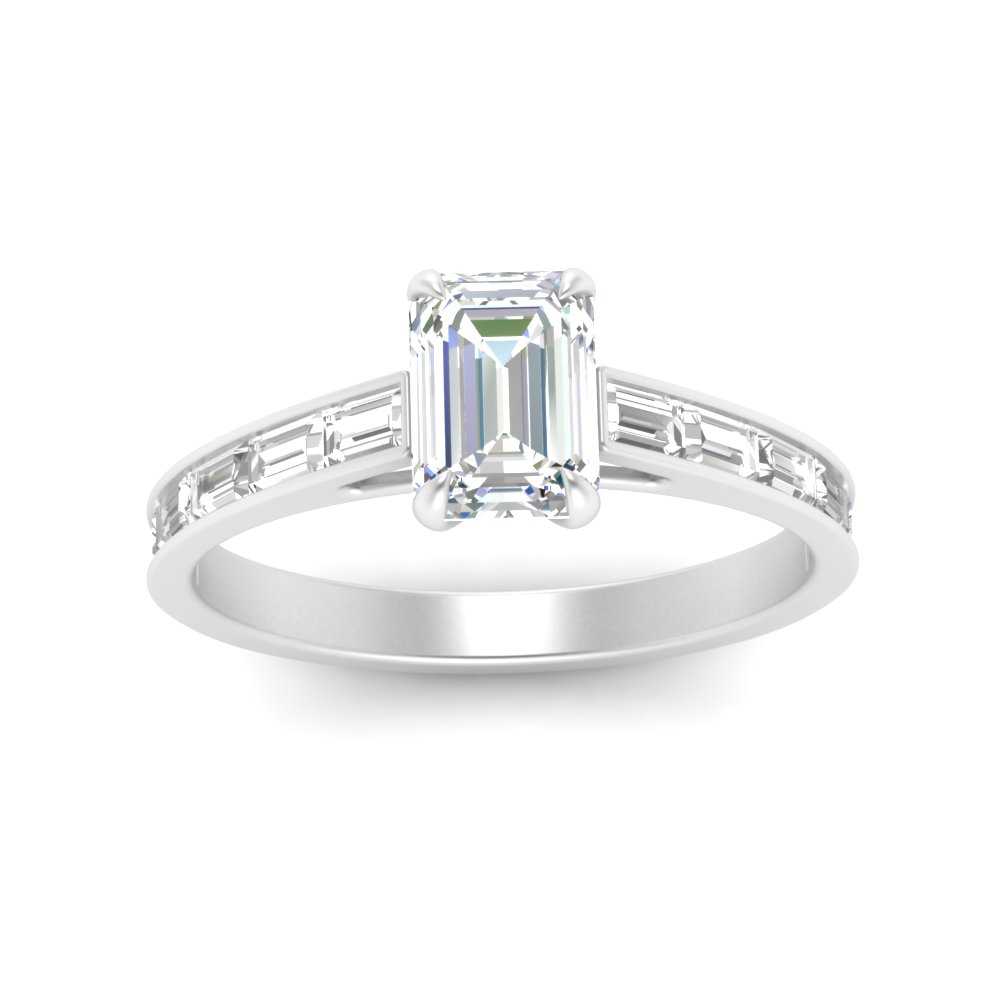 Emerald Shaped Channel Set Baguette Engagement Ring with White Diamond in 14K White Gold