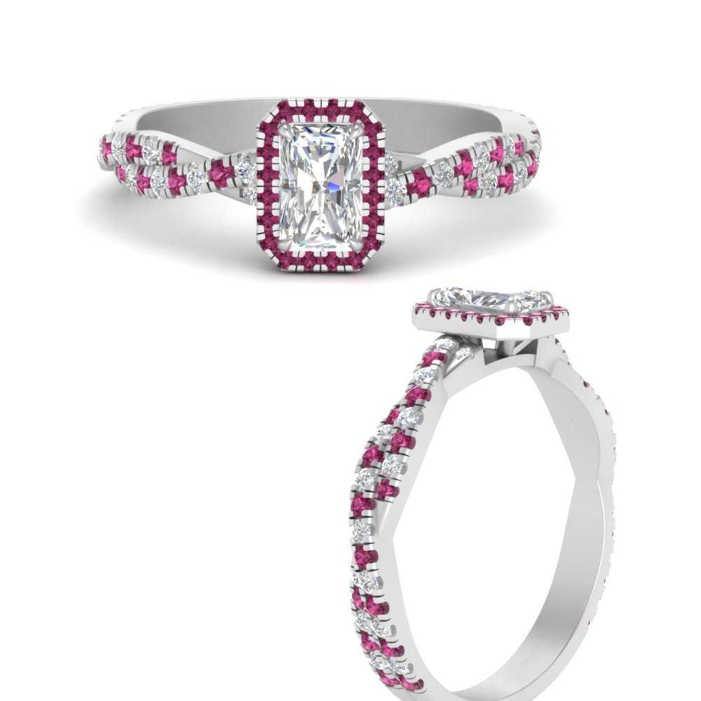 Twist Cushion Cut Pink Sapphire and Moissanite Engagement Ring