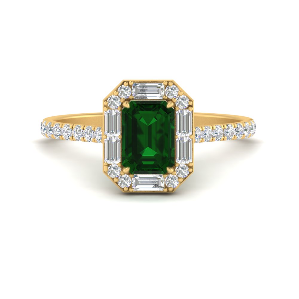 Halo Emerald Cut Gemstone Engagement Ring with 14K Yellow Gold Green Emerald