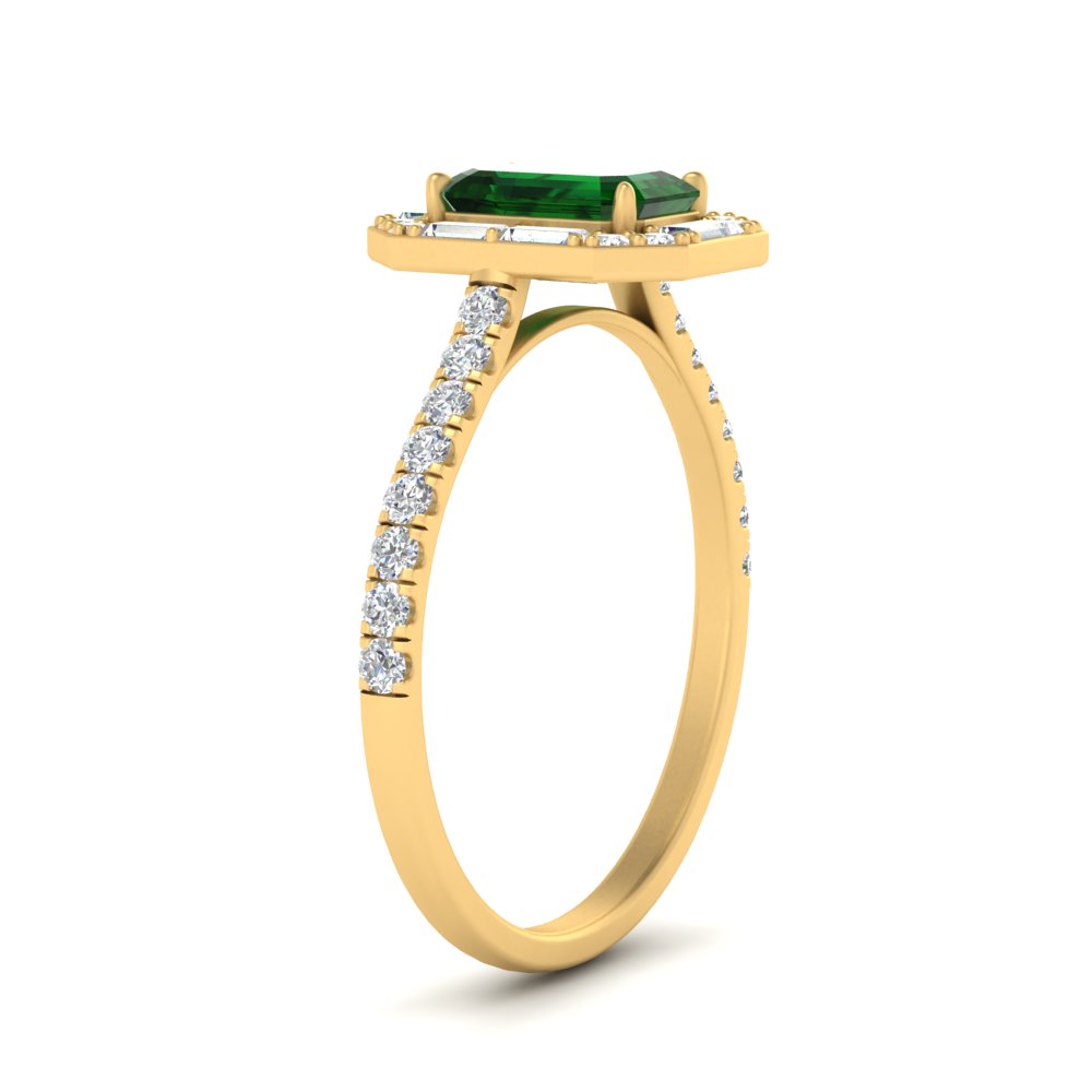Halo Emerald Cut Gemstone Engagement Ring with 14K Yellow Gold Green Emerald
