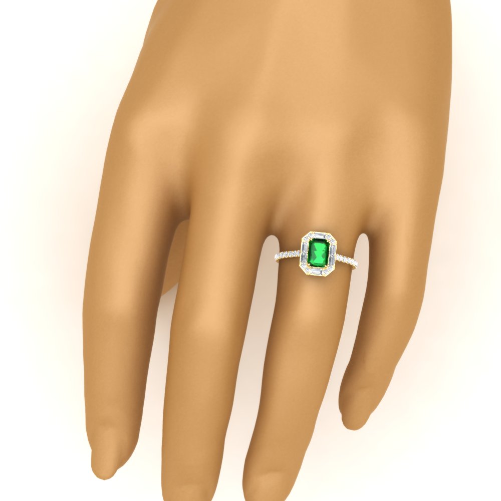 Halo Emerald Cut Gemstone Engagement Ring with 14K Yellow Gold Green Emerald