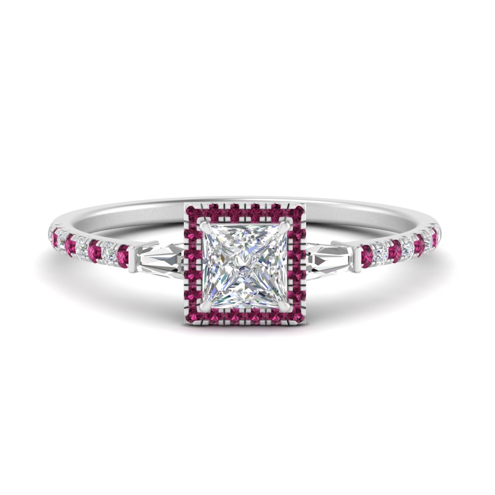 Princess Shaped  Baguette Halo Accented Diamond Ring with Pink Sapphire 14K White Gold