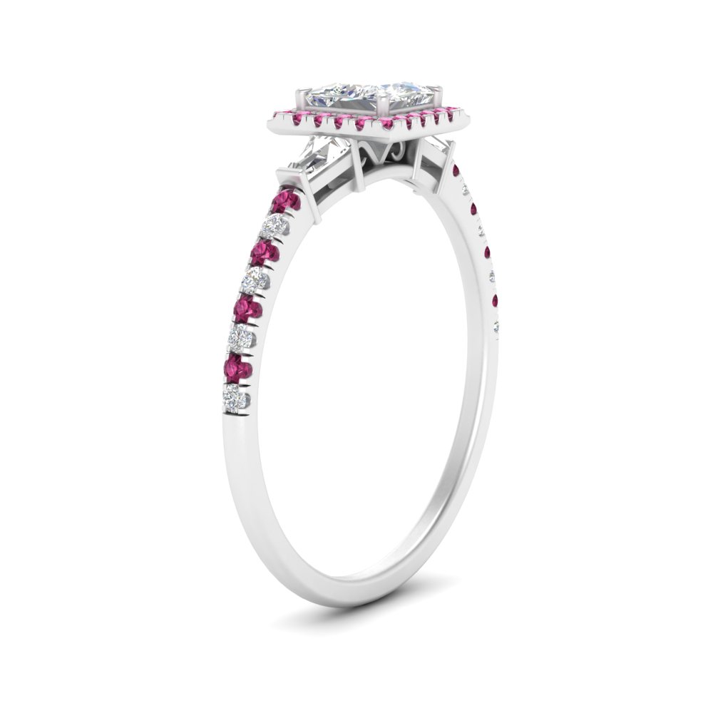 Princess Shaped  Baguette Halo Accented Diamond Ring with Pink Sapphire 14K White Gold