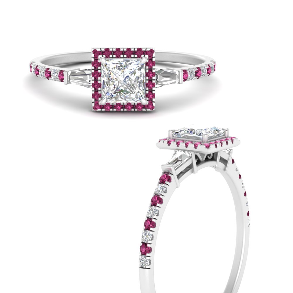 Princess Shaped  Baguette Halo Accented Diamond Ring with Pink Sapphire 14K White Gold