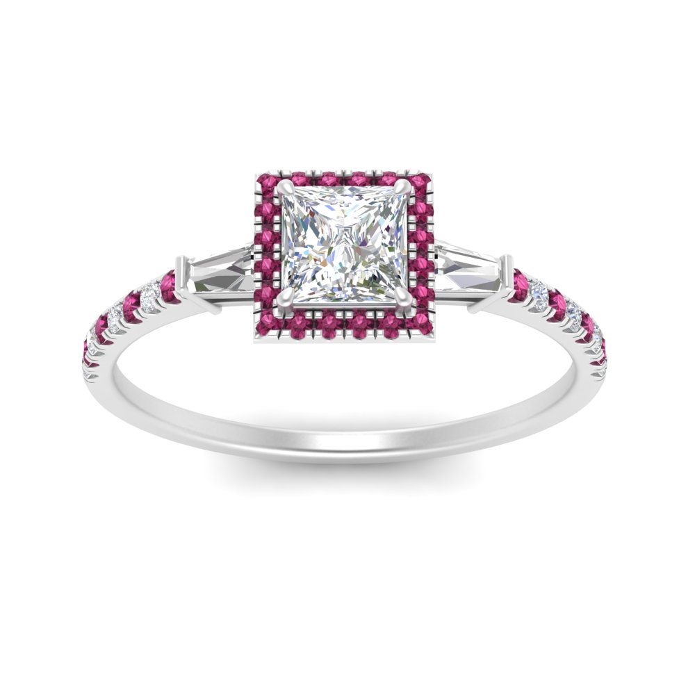 Princess Shaped  Baguette Halo Accented Diamond Ring with Pink Sapphire 14K White Gold