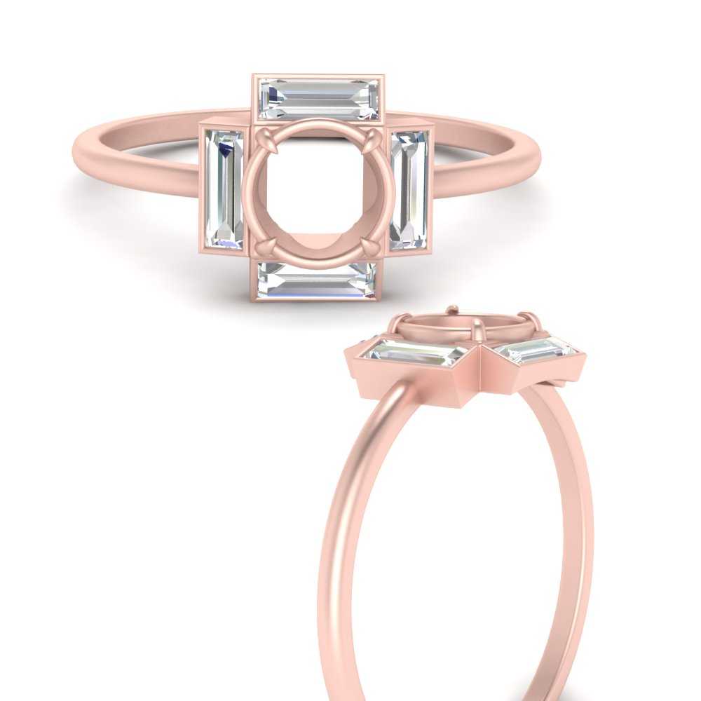 Semi Mount Shaped  Art Deco Bezel Round Baguette Diamond Ring with White Diamond 14K Rose Gold