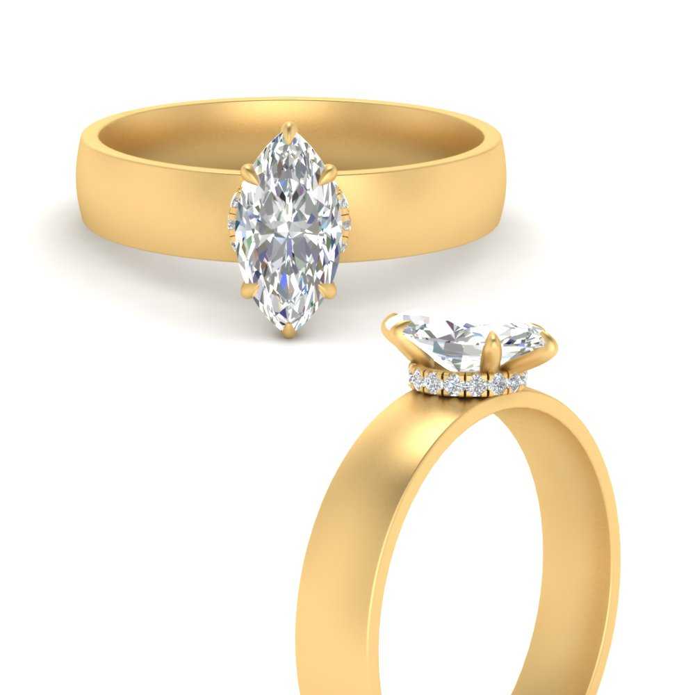Wide Band Under Halo Marquise Cut Diamond Engagement Ring In 14K Yellow Gold