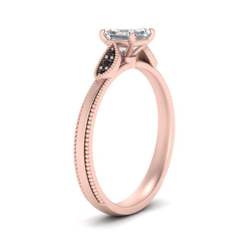 Asscher Shaped Milgrain Simple Engagement Ring with Black Diamond in 14K Rose Gold