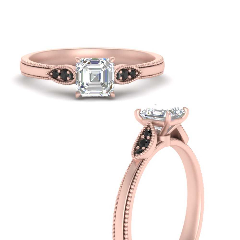 Asscher Shaped Milgrain Simple Engagement Ring with Black Diamond in 14K Rose Gold