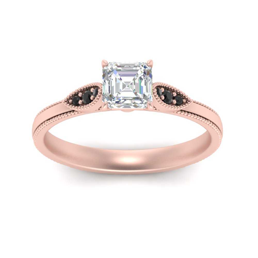 Asscher Shaped Milgrain Simple Engagement Ring with Black Diamond in 14K Rose Gold
