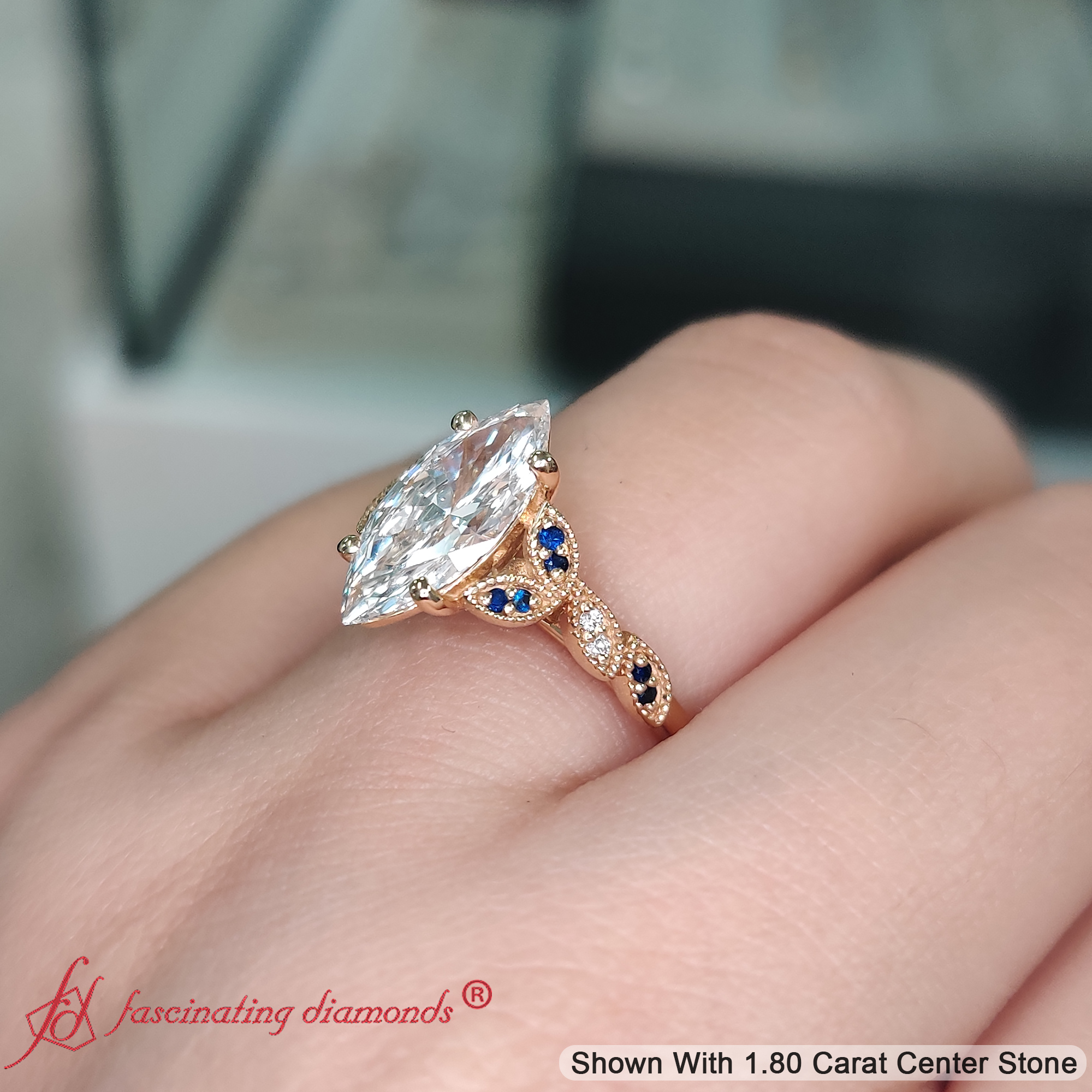 Semi Mount Shaped Marquise Cut Lab Diamond Petal Milgrain Engagement Ring with Blue Sapphire 14K Yellow Gold