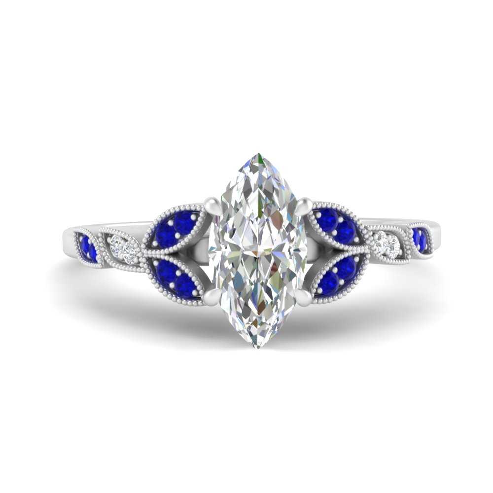 Semi Mount Shaped Marquise Cut Lab Diamond Petal Milgrain Engagement Ring with Blue Sapphire 950 Platinum