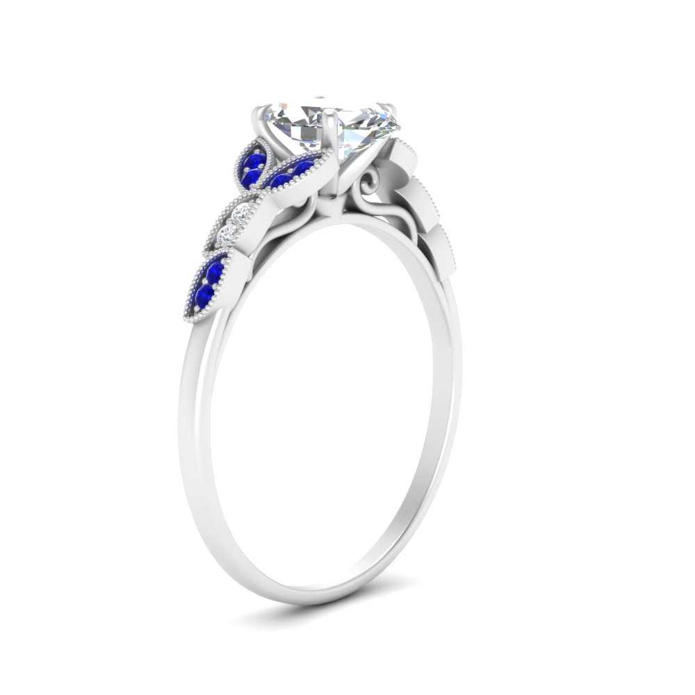 Semi Mount Shaped Marquise Cut Lab Diamond Petal Milgrain Engagement Ring with Blue Sapphire 950 Platinum