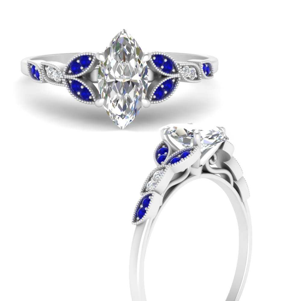 Semi Mount Shaped Marquise Cut Lab Diamond Petal Milgrain Engagement Ring with Blue Sapphire 950 Platinum