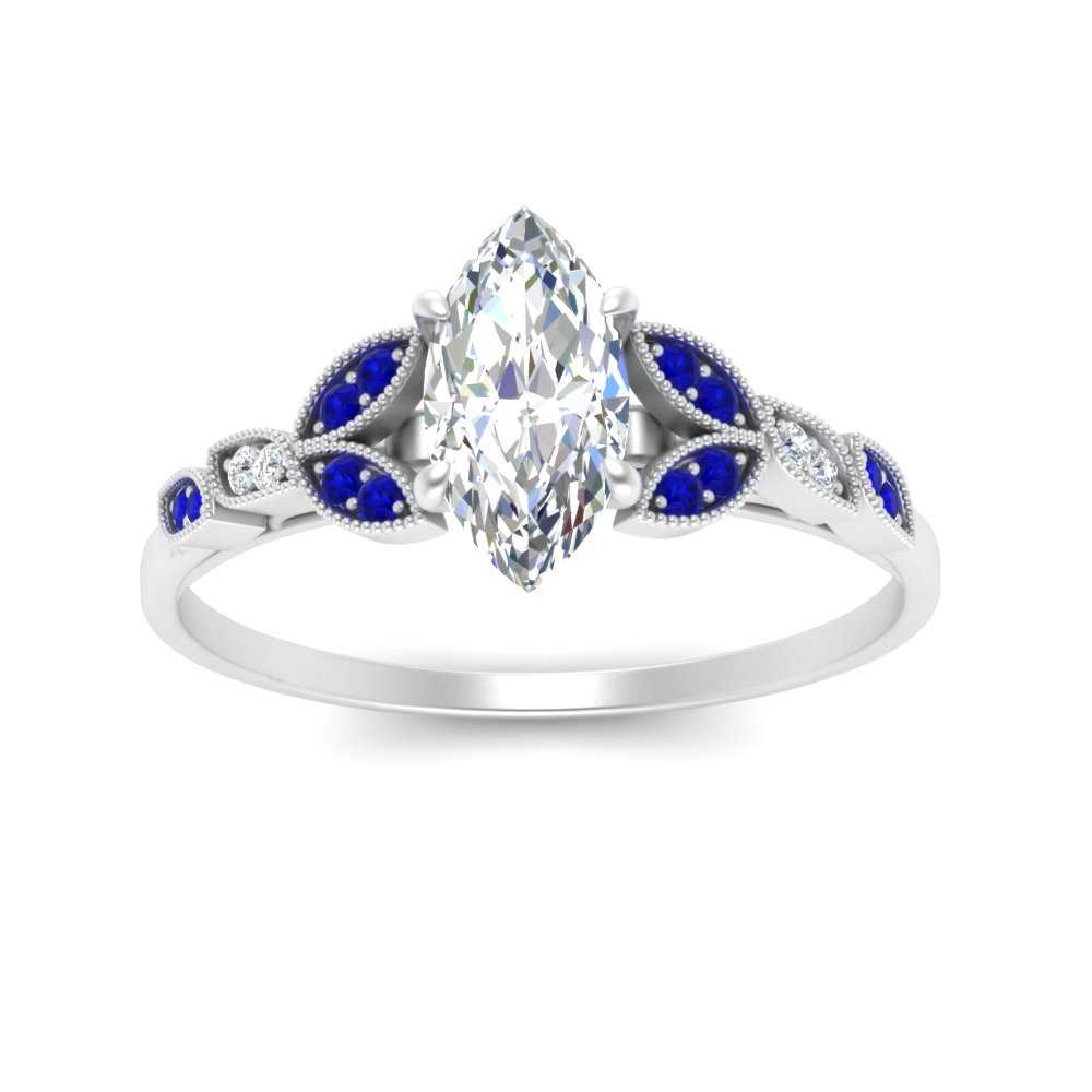 Semi Mount Shaped Marquise Cut Lab Diamond Petal Milgrain Engagement Ring with Blue Sapphire 950 Platinum