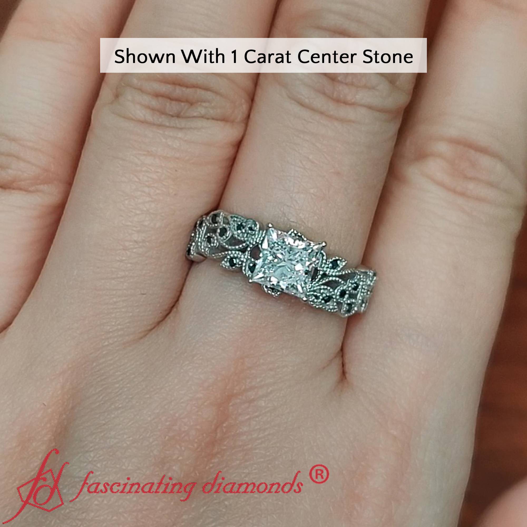 1 Carat Princess Cut Filigree Engagement Ring with 18K White Gold Black Diamond