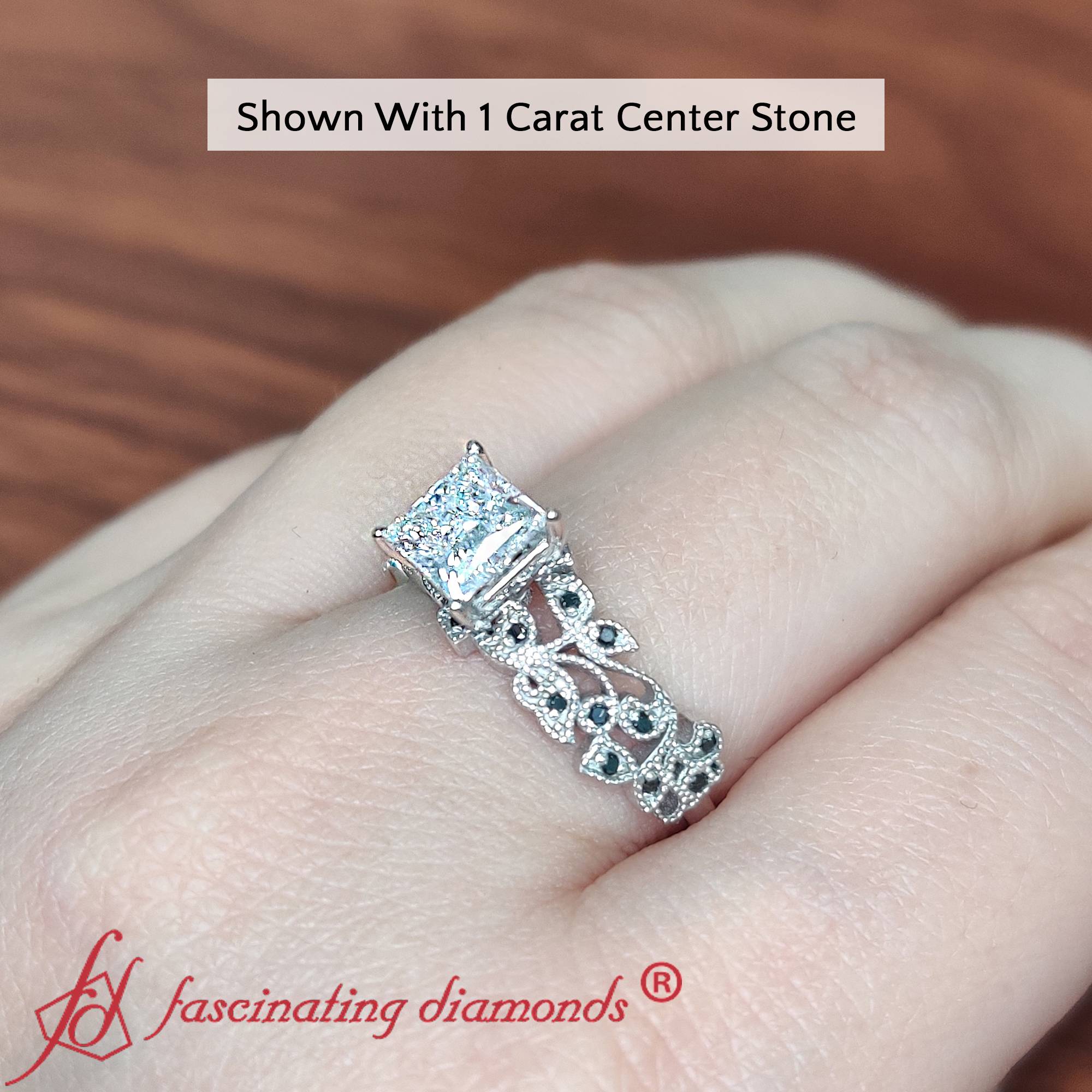 Princess Shaped Filigree Wide Band Engagement Ring with Black Diamond in 18K White Gold