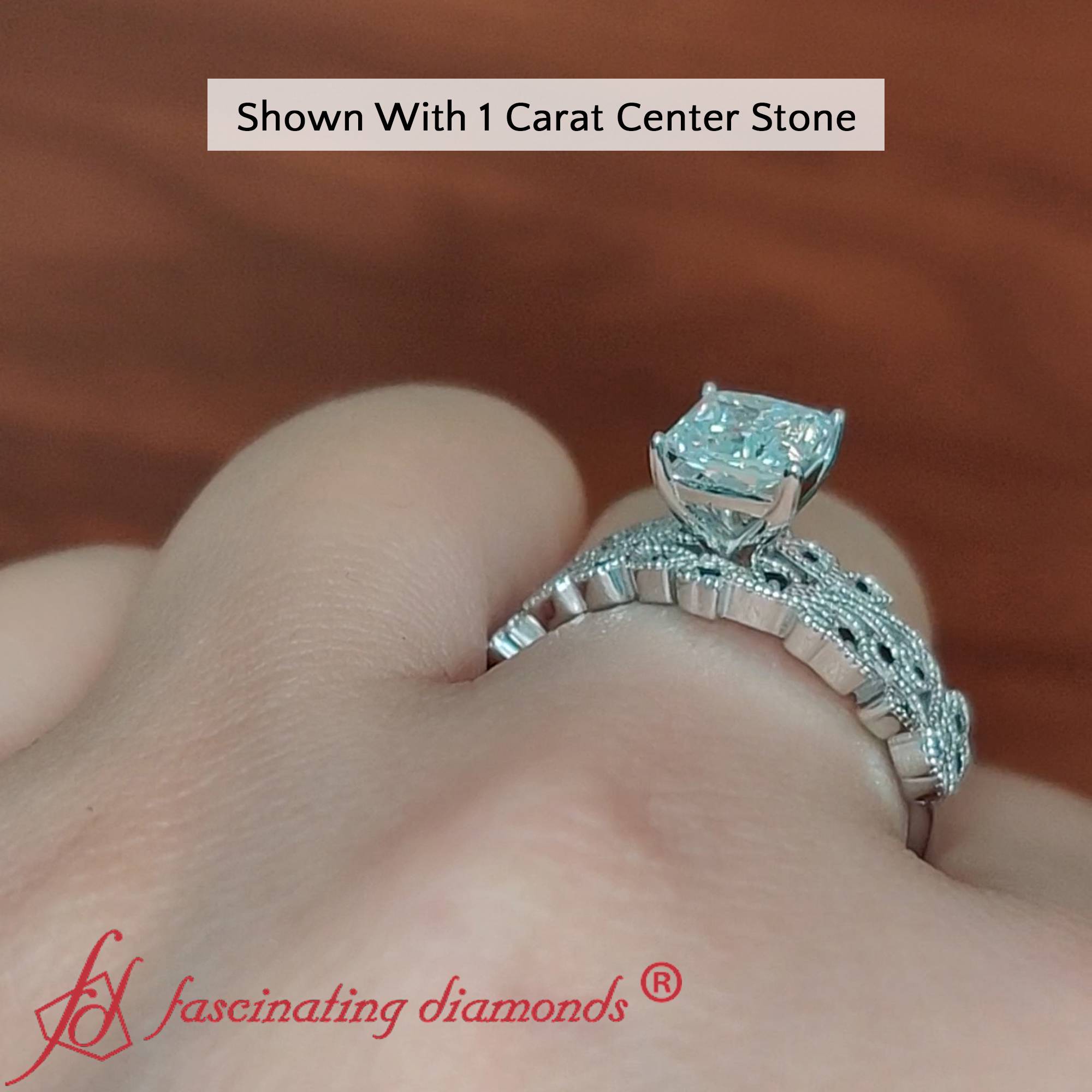 1 Carat Princess Cut Filigree Engagement Ring with 18K White Gold Black Diamond