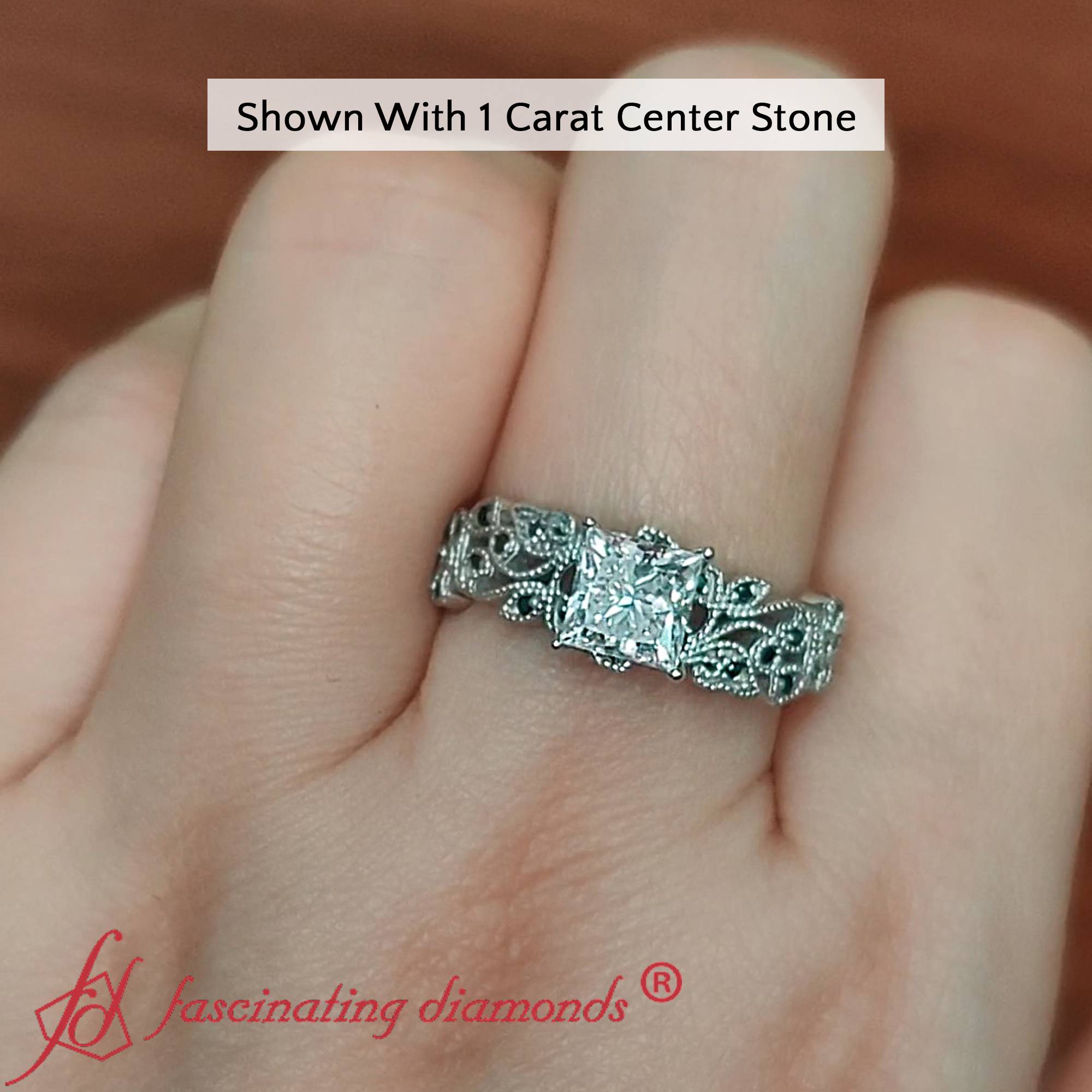 1 Carat Princess Cut Filigree Engagement Ring with 18K White Gold Black Diamond