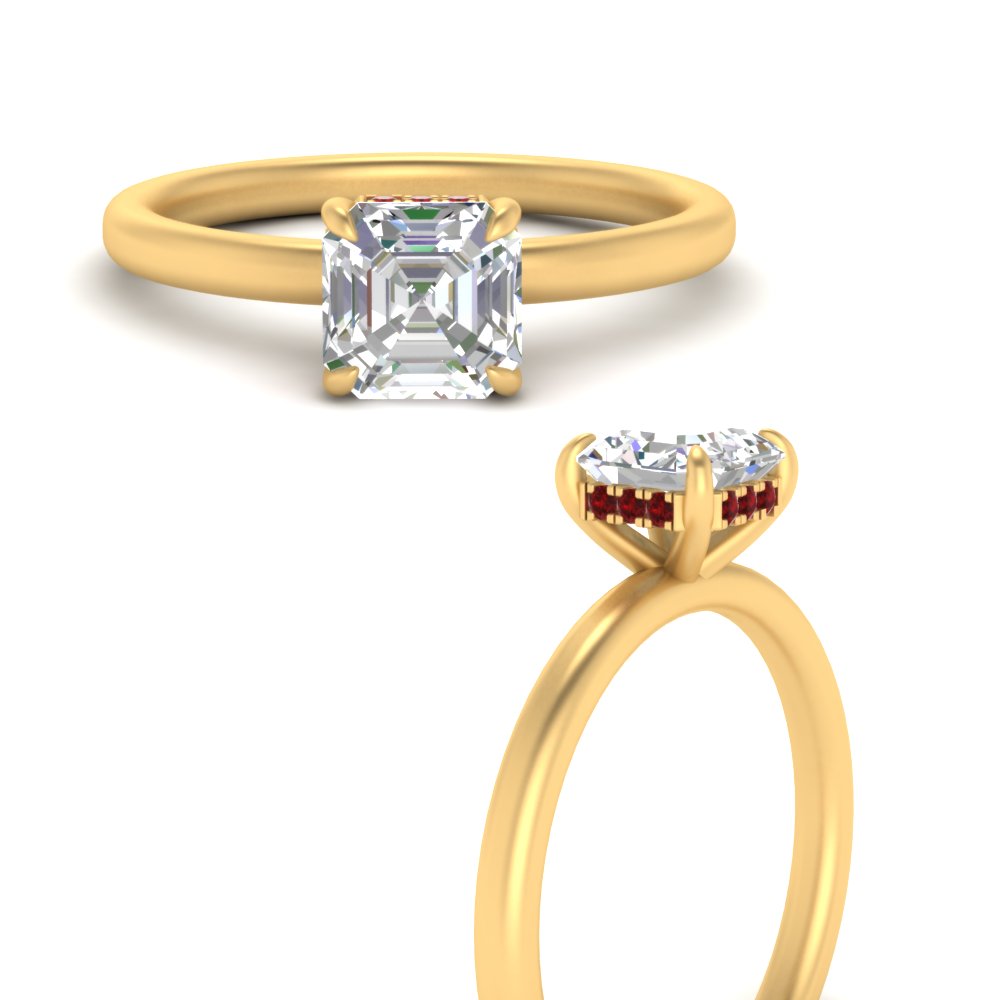Inexpensive Hidden Halo Asscher Cut Ruby Engagement Ring In 14K Yellow