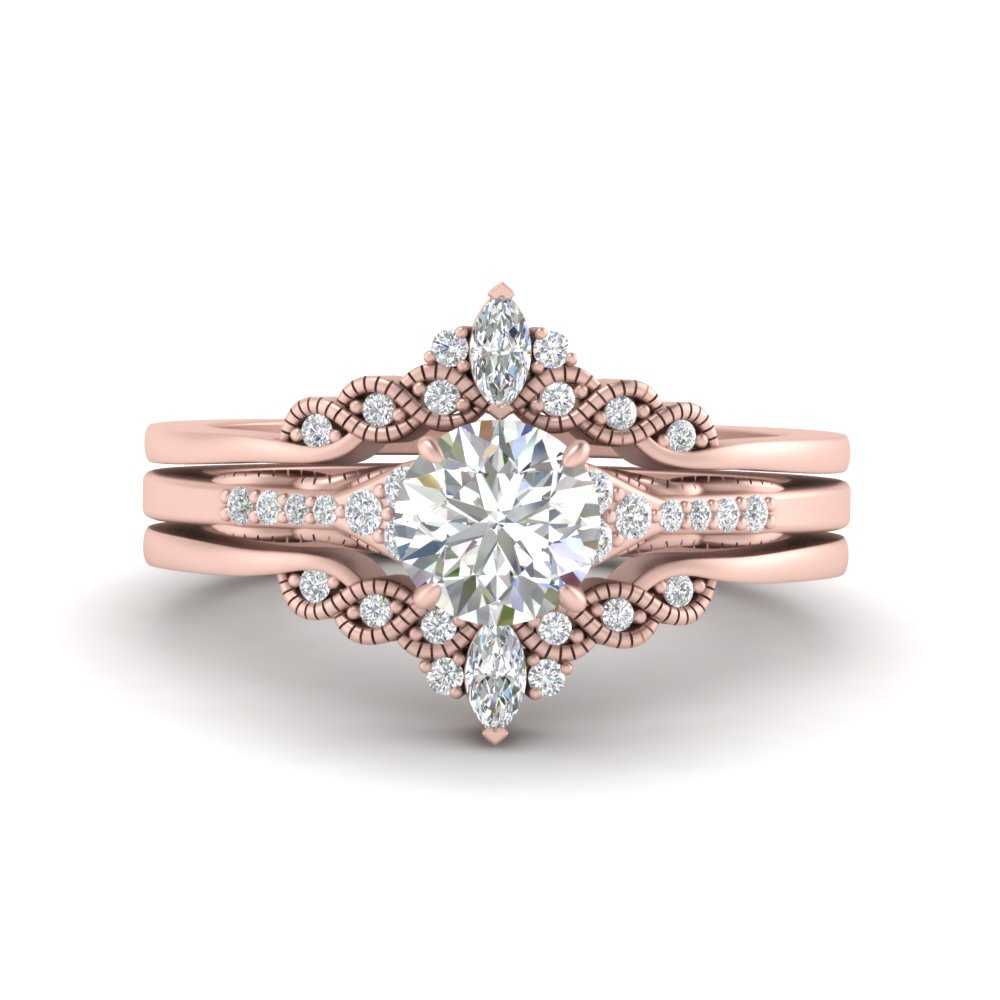 Crown Curved Jacket Filigree Round Diamond Wedding Set In 18K Rose