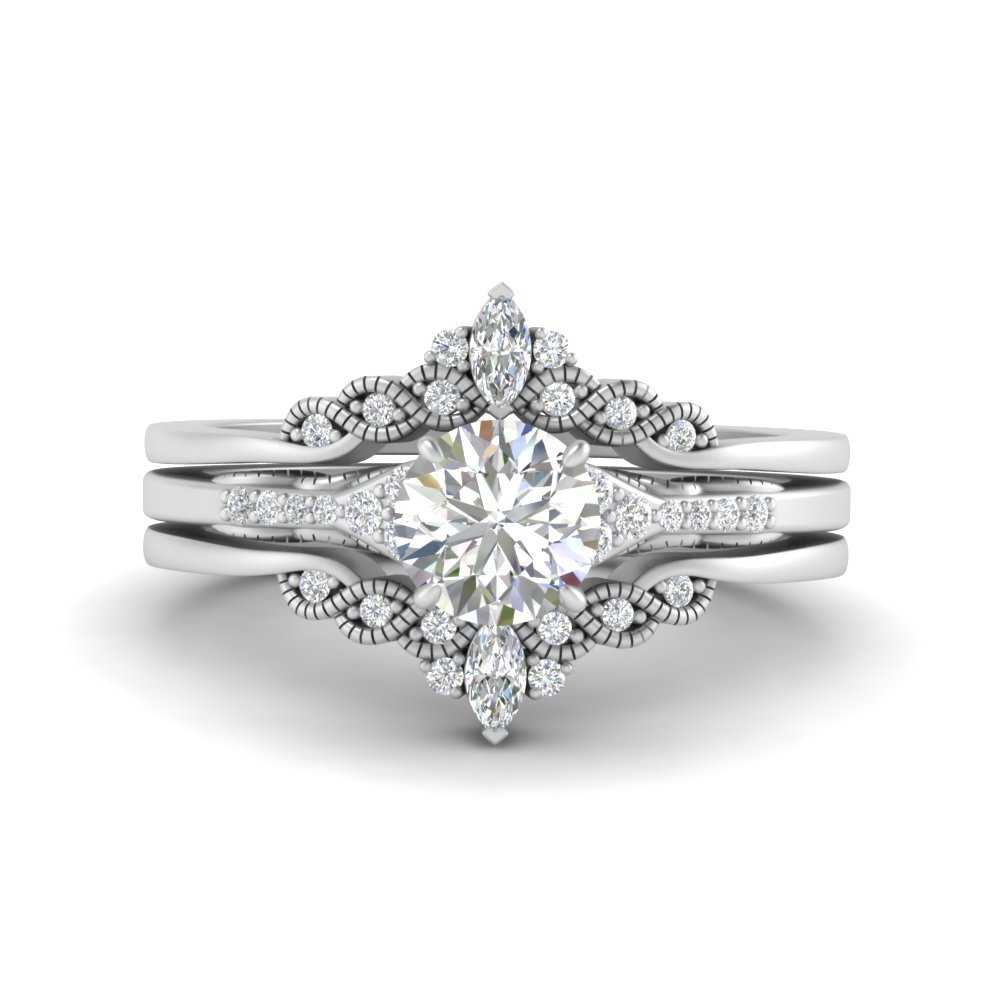 Crown Curved Jacket Filigree Round Diamond Wedding Set In 14K White Gold