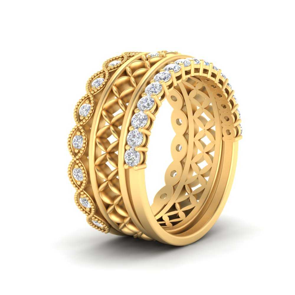 Classic Stackable Wedding Bands with 14K Yellow Gold White Diamond