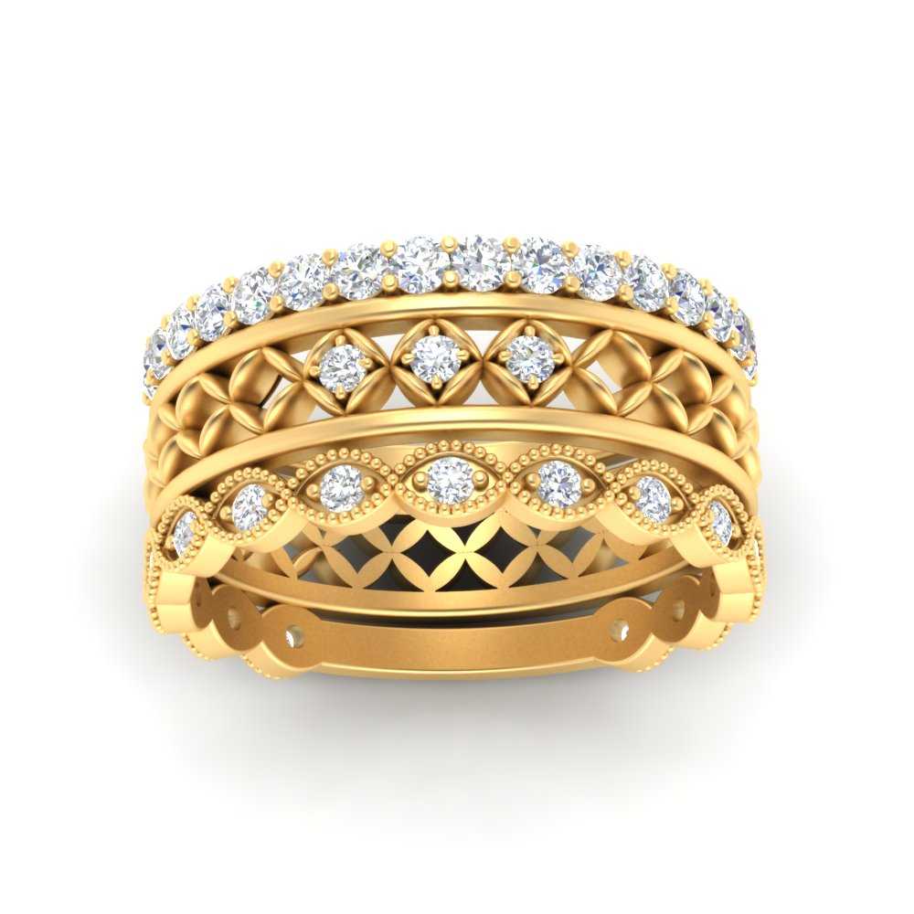 Classic Stackable Wedding Bands with 14K Yellow Gold White Diamond