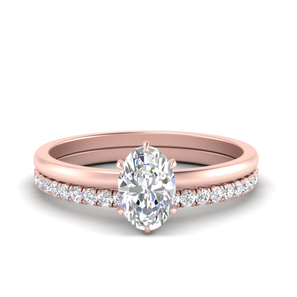 Oval Shaped Solitaire Ring With Wedding Band with White Diamond 14K Rose Gold