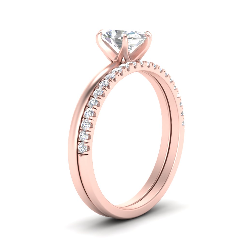 Oval Shaped Solitaire Ring With Wedding Band with White Diamond 14K Rose Gold