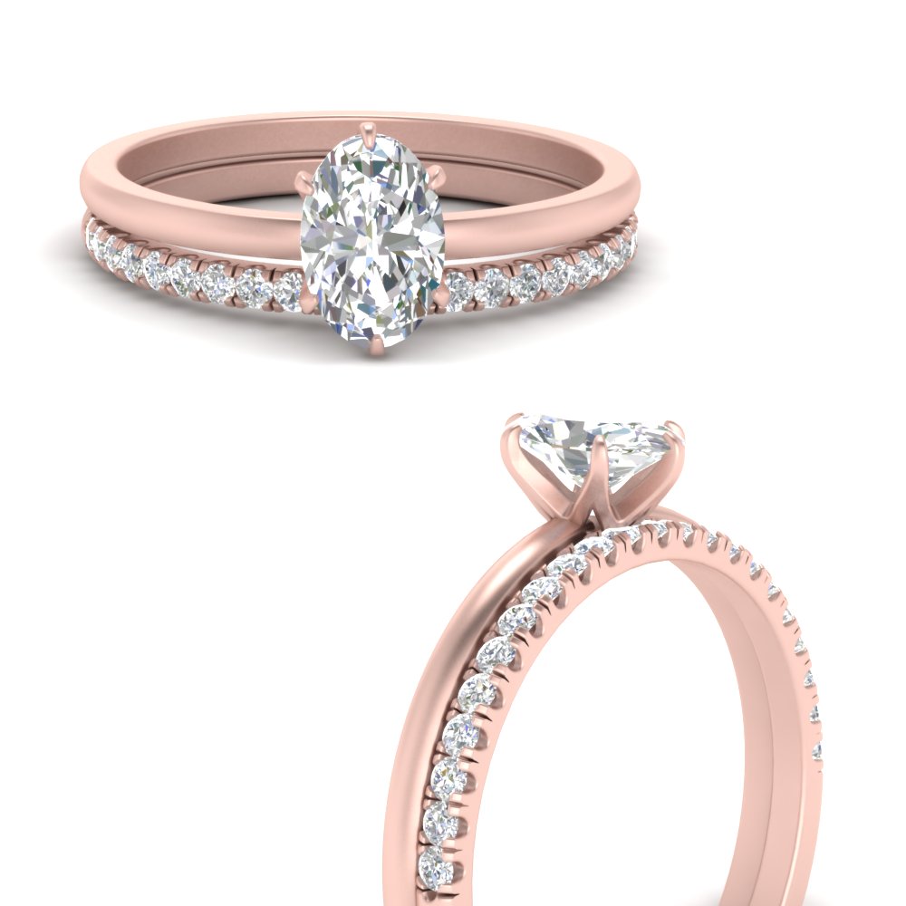 Oval Shaped Solitaire Ring With Wedding Band with White Diamond 14K Rose Gold