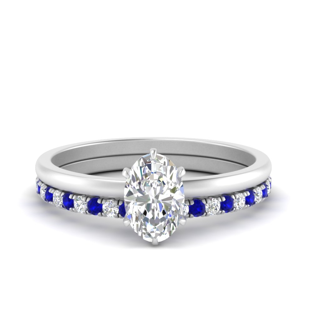 Oval Shaped Solitaire Ring With Wedding Band with Blue Sapphire 14K White Gold