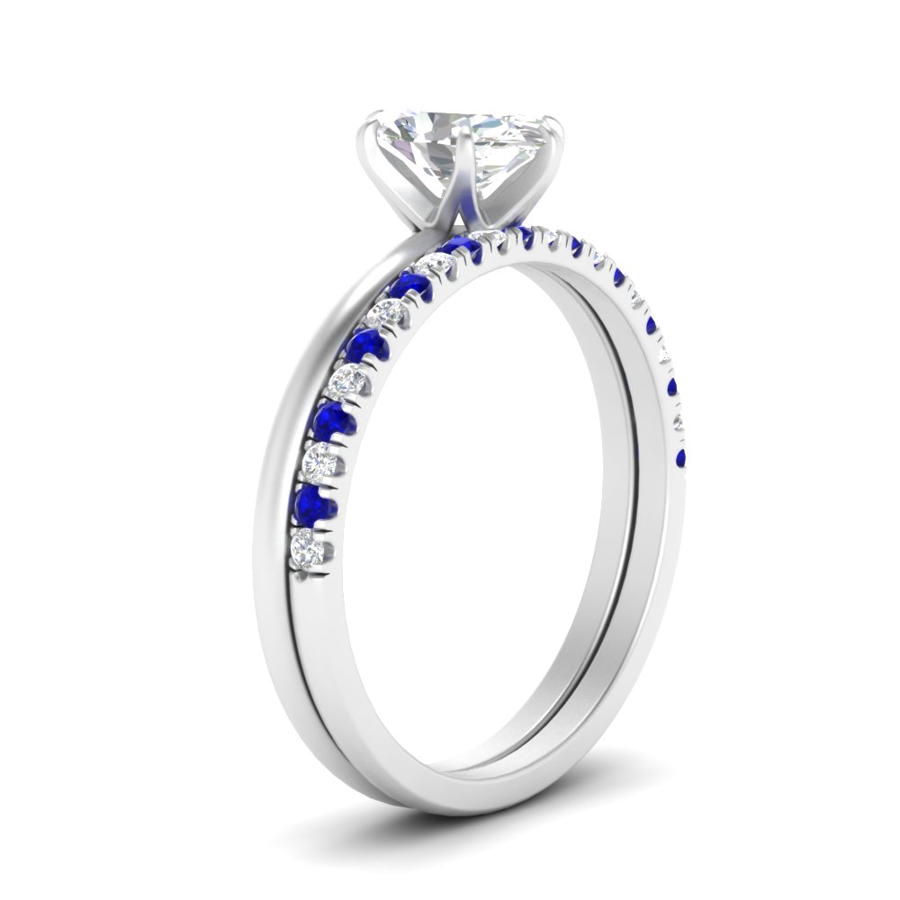 Oval Shaped Solitaire Ring With Wedding Band with Blue Sapphire 14K White Gold