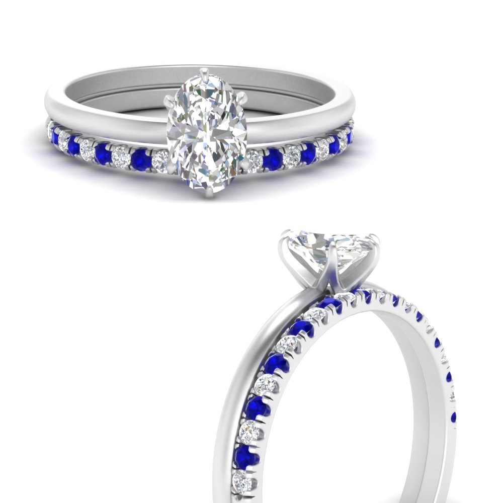 Oval Shaped Solitaire Ring With Wedding Band with Blue Sapphire 14K White Gold