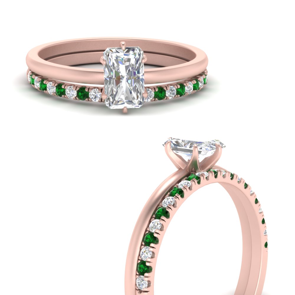 6 Prong Radiant Emerald Wedding Ring Set In 18K Rose Gold