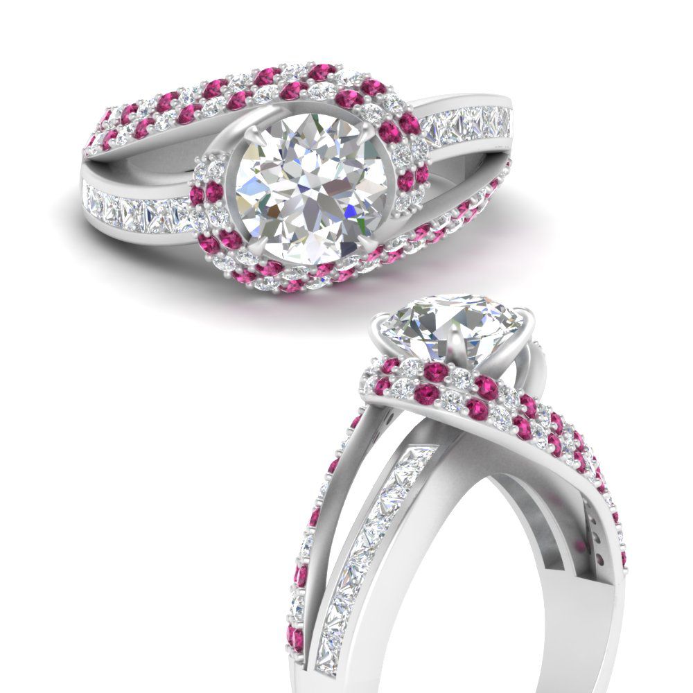 Swirl Halo Diamond And Pink Sapphire Engagement Ring With Baguette In ...