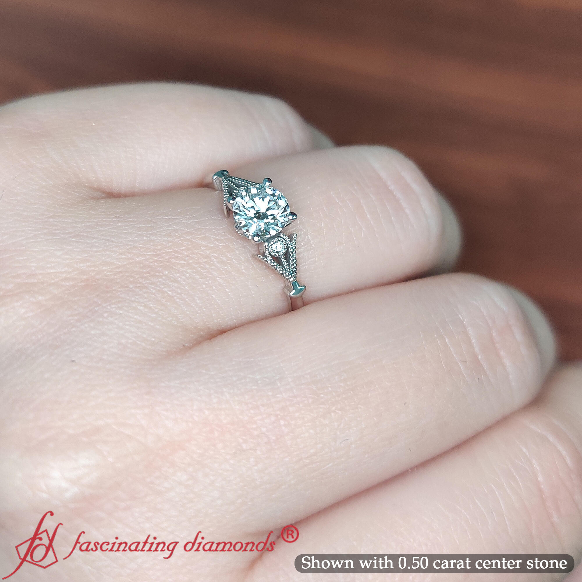 Round Shaped Delicate Milgrain Accent Vintage Ring with White Diamond in 14K White Gold